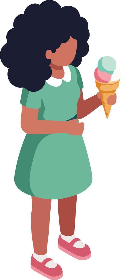 Girl holding ice cream cone wearing green dress and pink shoes illustration in isometric style vector