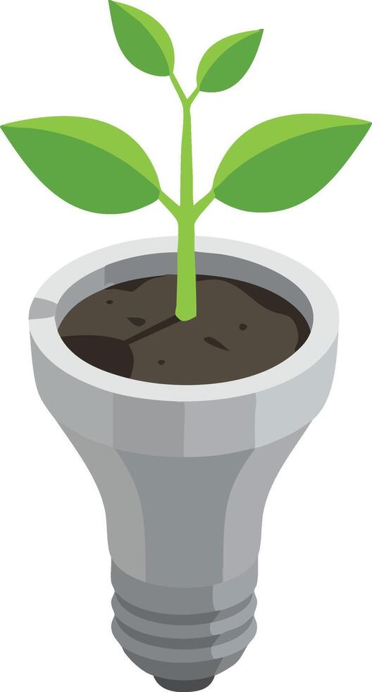 Green plant sprout growing from soil inside modern gray light bulb pot concept of eco friendly energy saving and sustainability illustration vector