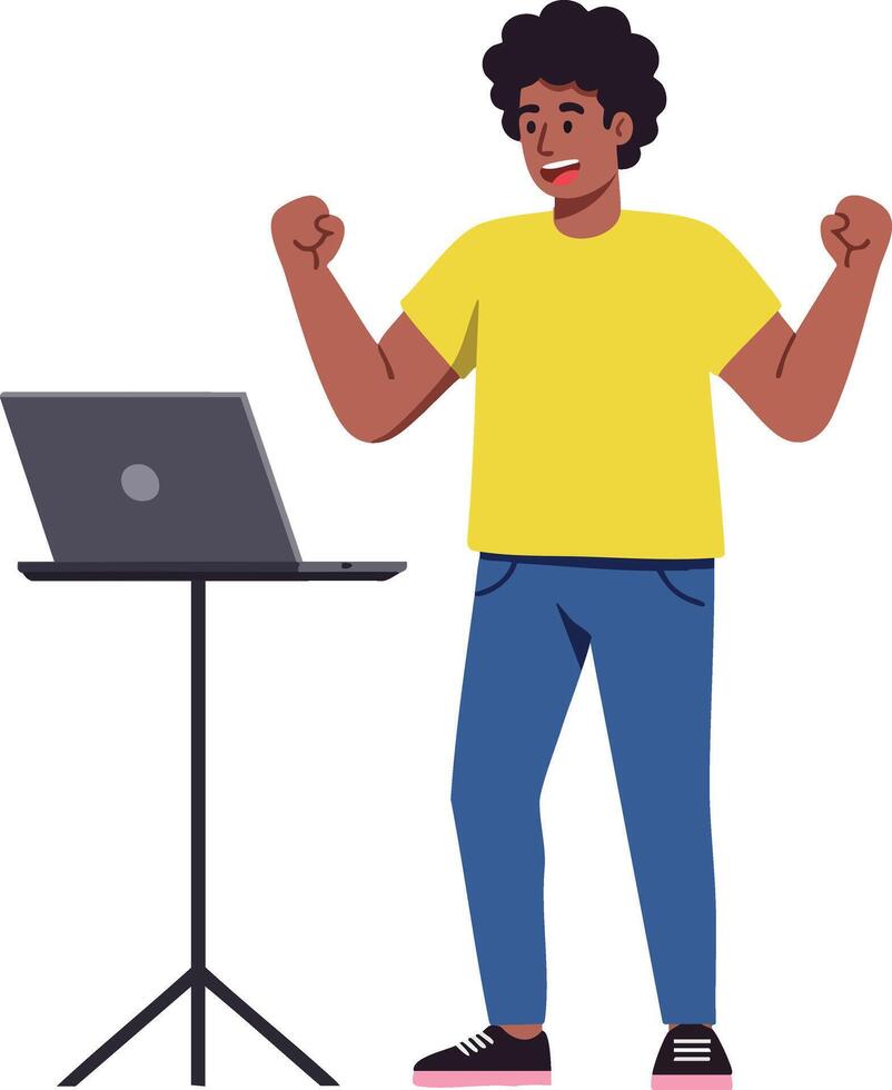 Young man celebrating success near laptop on stand in casual outfit illustration vector