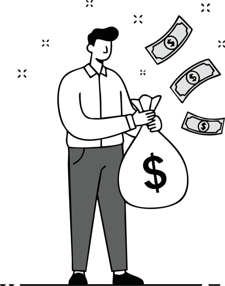 Man holding money bag with dollar sign and flying cash bills in simple illustration vector