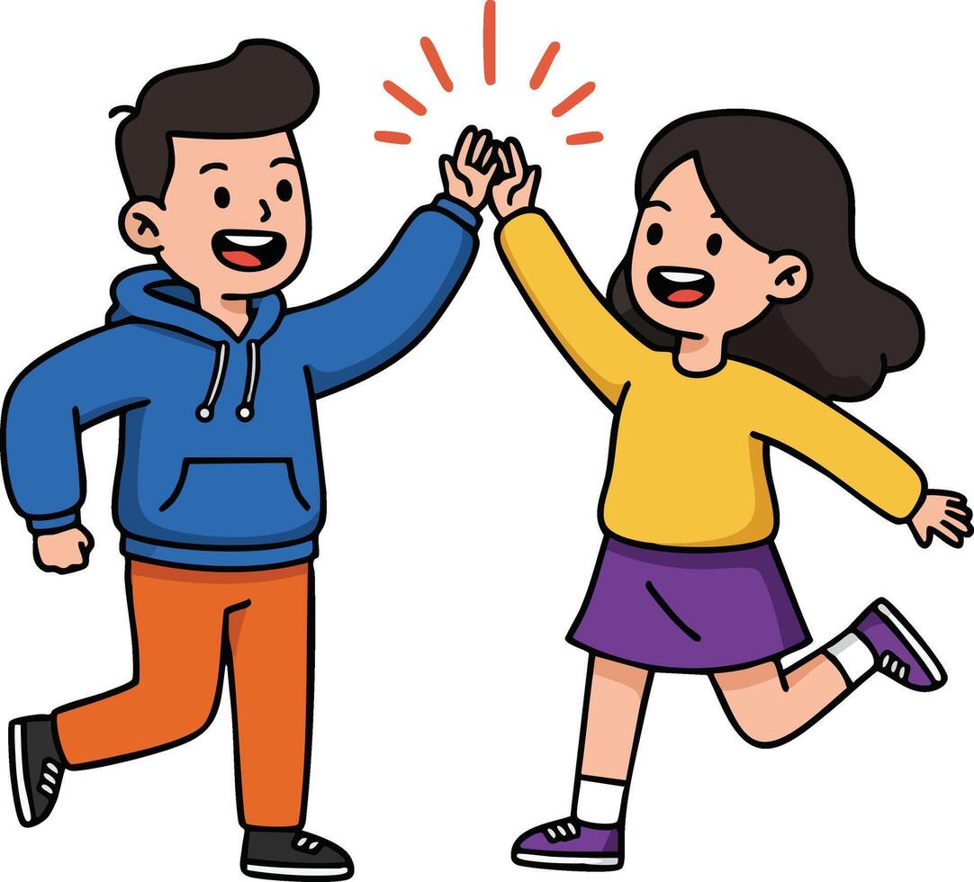 Children boy and girl giving high five in casual clothes celebrating friendship and teamwork illustration vector