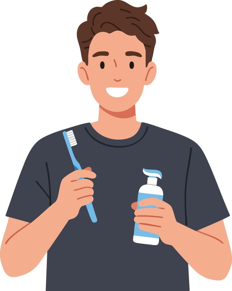 Young man holding toothbrush and toothpaste smiling with hygiene and dental care concept illustration vector