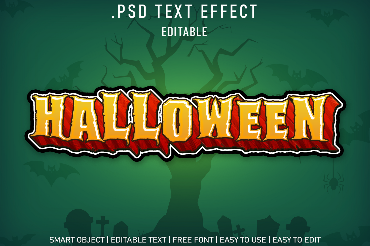 Editable Halloween Text Effect in spooky cartoon style with bold colors and Halloween themed background psd
