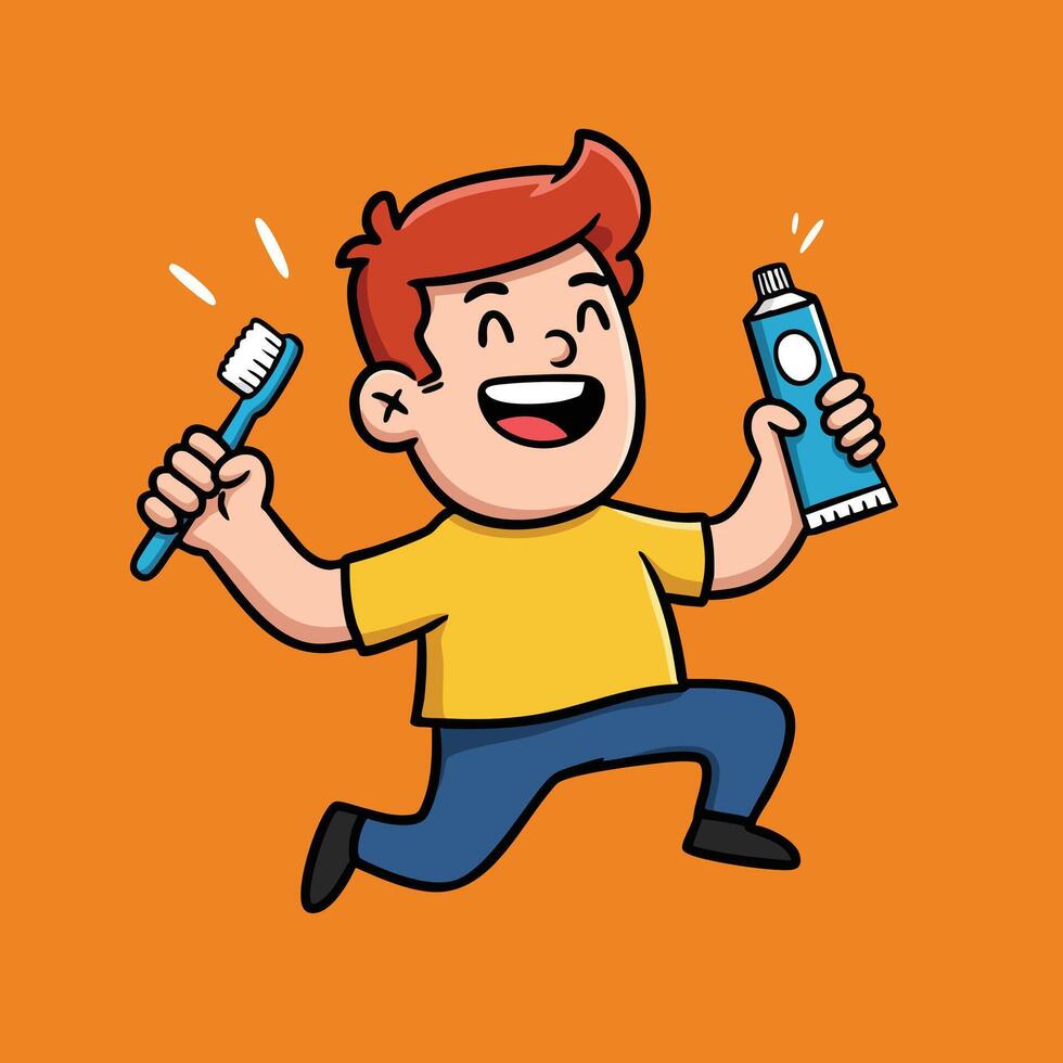 Happy boy holding toothbrush and toothpaste smiling with orange background illustration vector