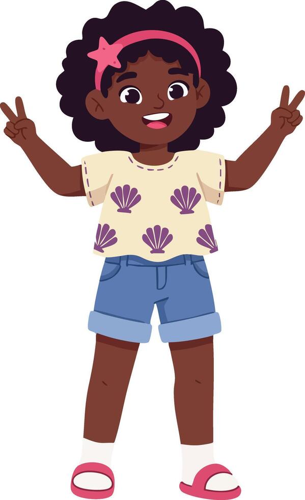 African American girl smiling with hands showing peace sign wearing casual summer outfit illustration vector