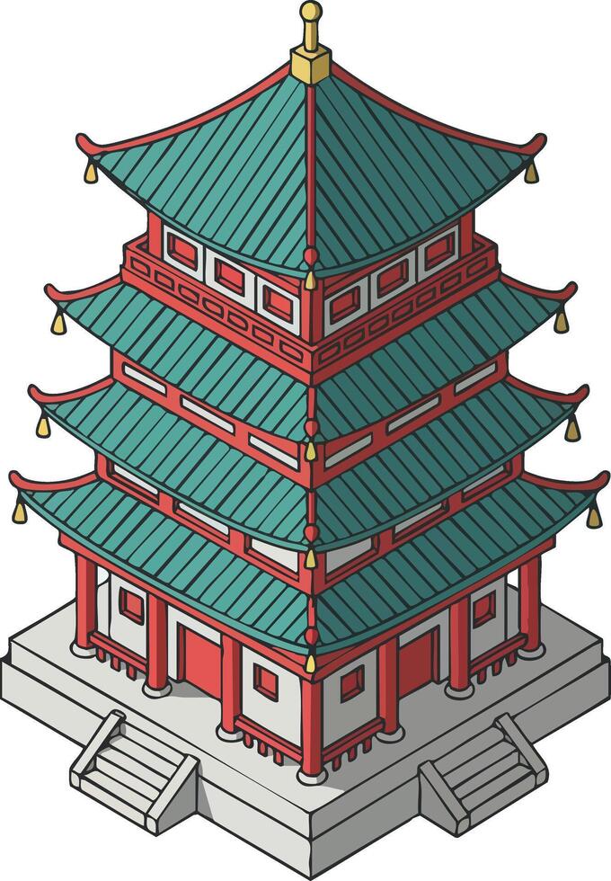 Traditional Asian pagoda architecture with green roof and red walls in isometric view vector