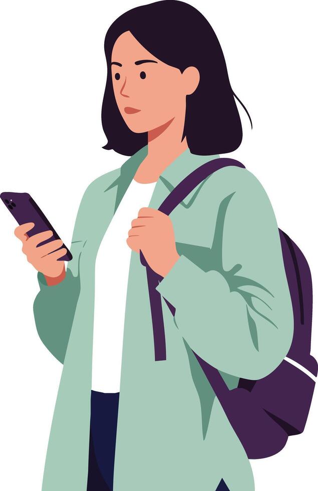 Young woman student holding smartphone and backpack casual outfit illustration vector