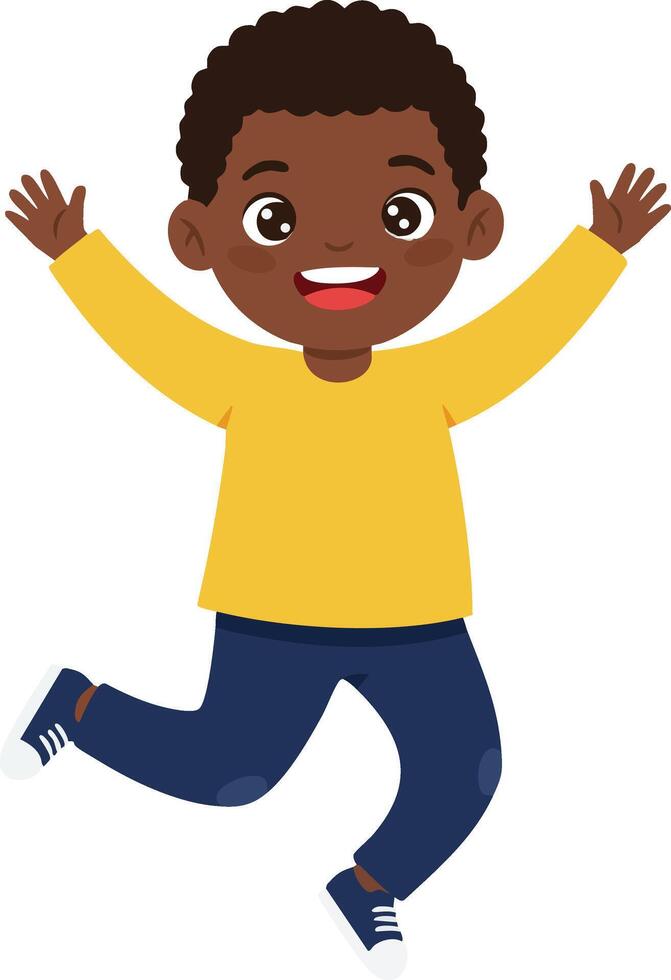 Happy African American boy jumping with raised hands wearing yellow shirt and blue pants cheerful child illustration vector