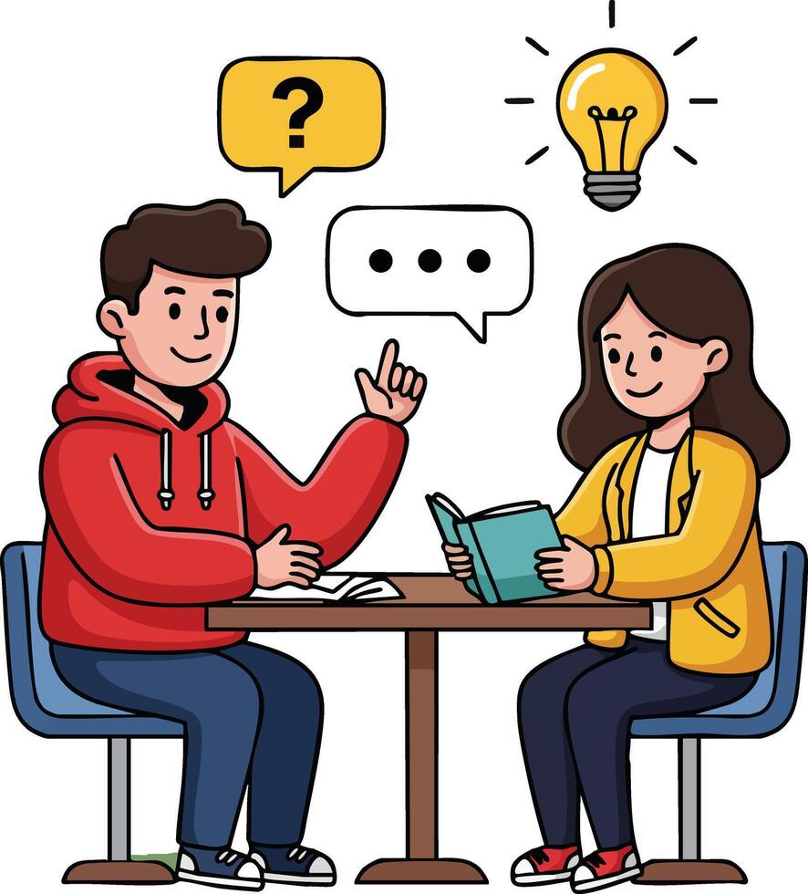 Young man and woman having discussion with question and idea icons around during study session indoors illustration vector