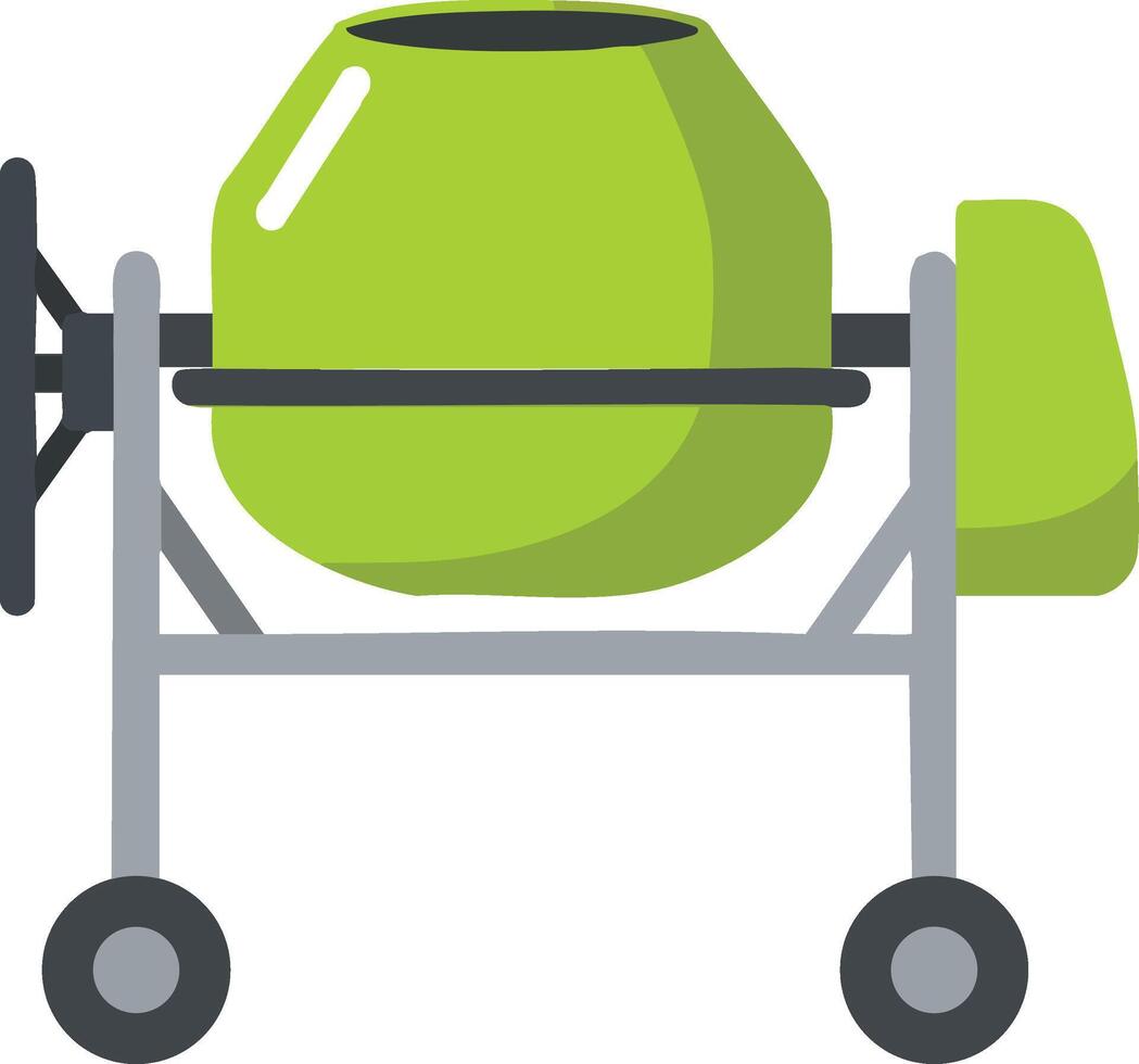 Concrete mixer machine for construction work with green drum and grey frame illustration vector