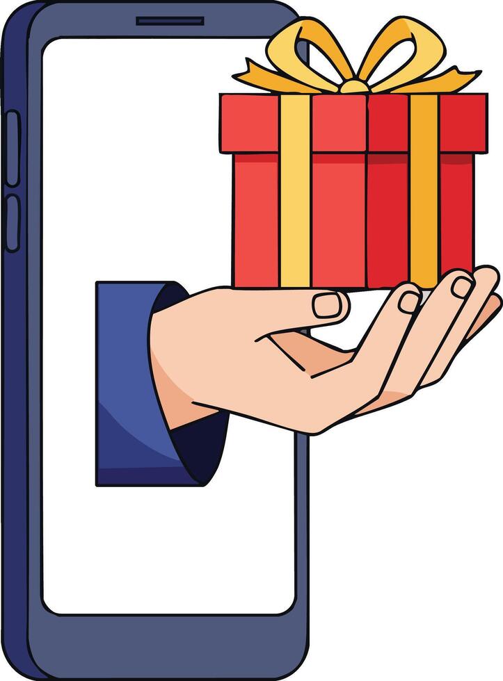 Hand holding red gift box with golden ribbon coming out of smartphone screen illustration for online shopping and delivery concept vector