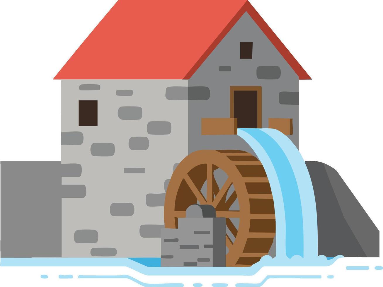 Watermill building with red roof and flowing water wheel illustration design vector