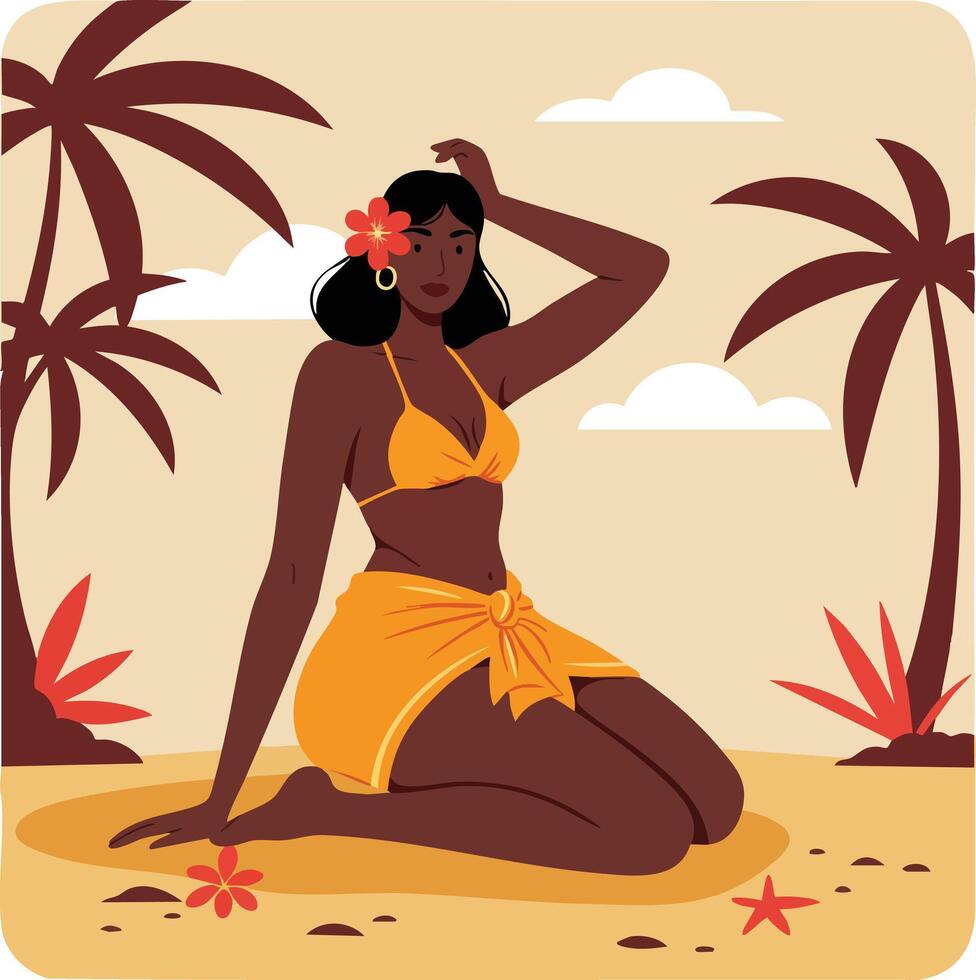 Woman in orange bikini sitting on tropical beach with palm trees and flowers summer vacation illustration vector