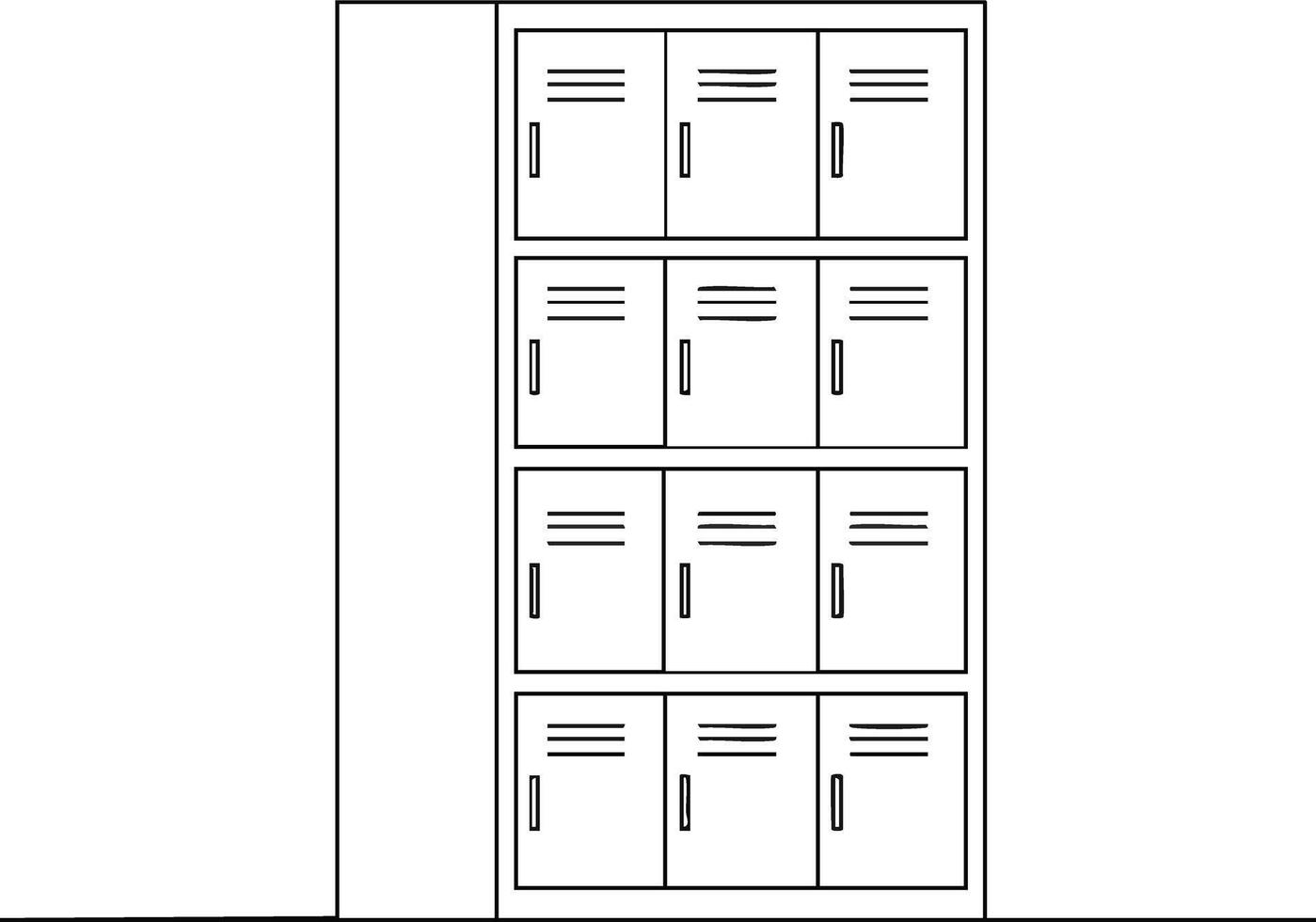 School locker storage unit with multiple compartments in simple black outline illustration vector