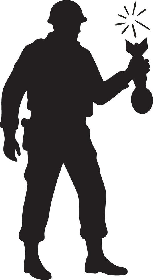 Soldier silhouette holding grenade with lit fuse military combat explosive illustration vector
