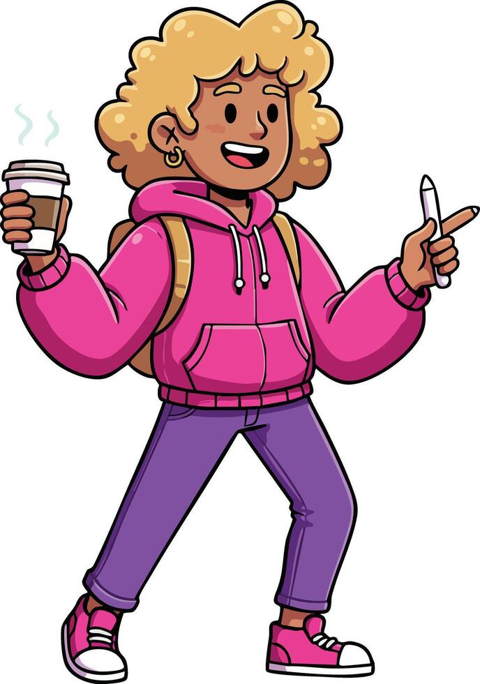 Young person walking with coffee cup and stylus pen wearing pink hoodie and purple pants illustration vector