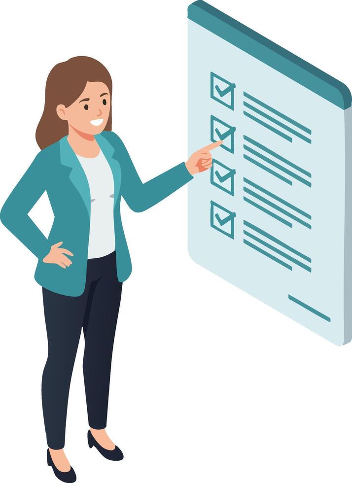 Businesswoman completing checklist on clipboard in isometric style illustration vector