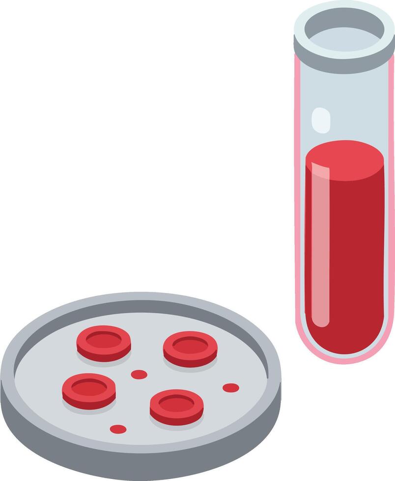 Blood sample test tube and petri dish with red blood cells illustration for medical analysis and laboratory work vector