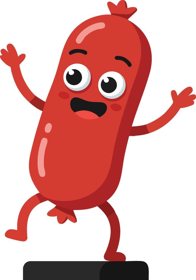 Red sausage character with expressive face and animated arms and legs dancing happily illustration vector