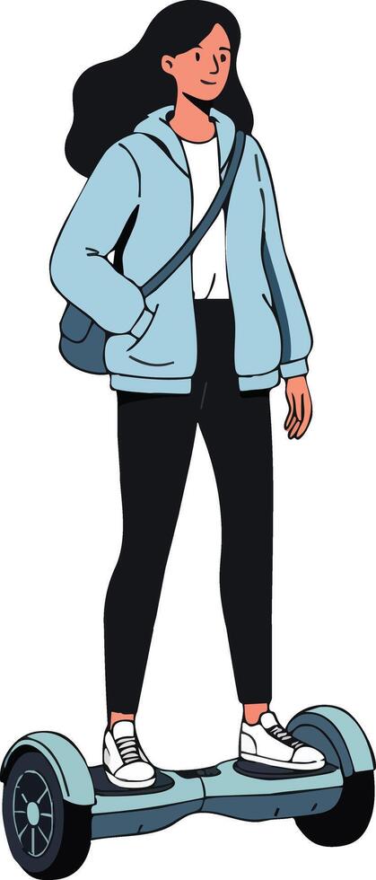Young woman riding hoverboard in casual outfit with blue jacket and black pants urban transportation illustration vector
