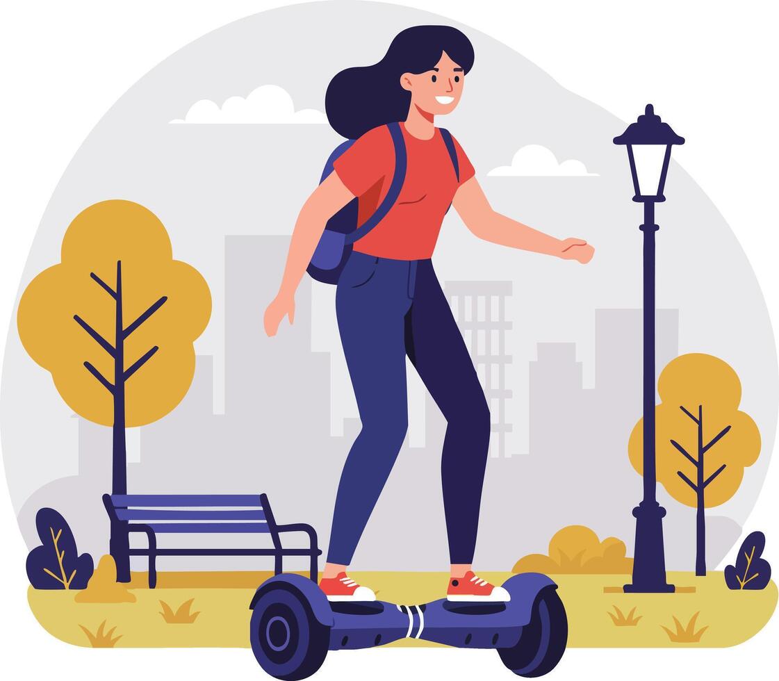 Young woman riding hoverboard in autumn park with yellow trees and city background active lifestyle outdoor fun vector