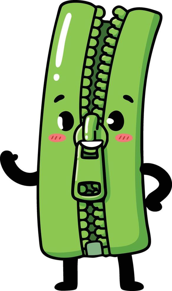 Green zipper character with smiling face waving hand friendly cartoon design illustration vector