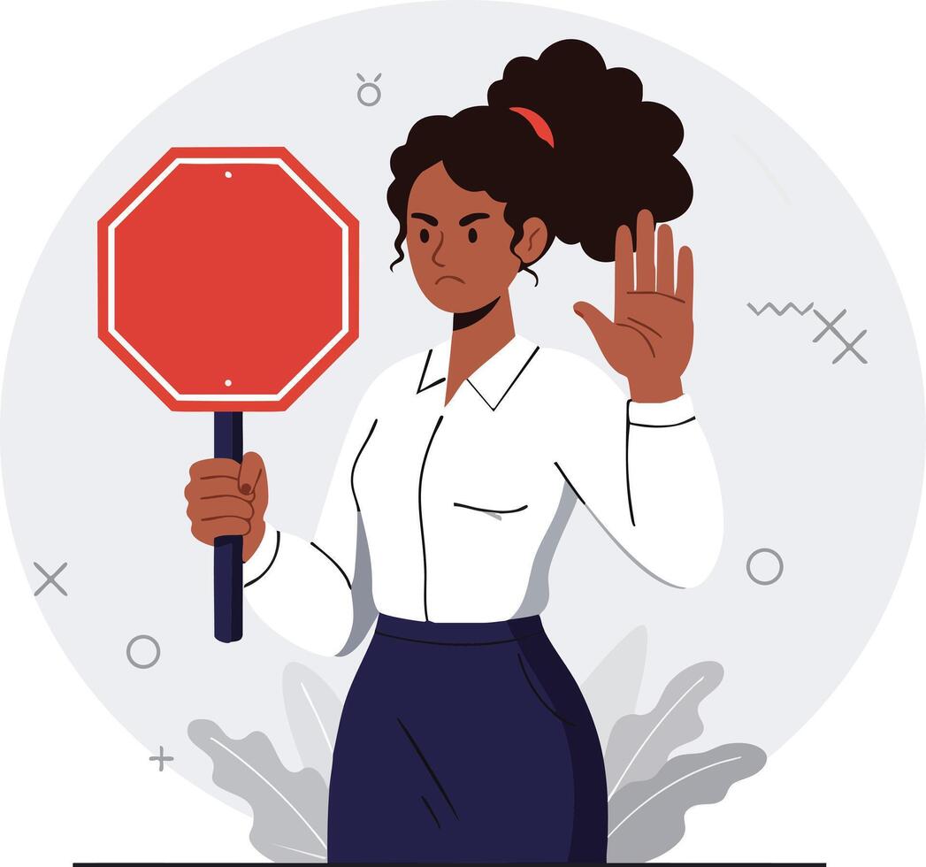Woman holding stop sign making hand gesture for refusal or warning in business attire illustration vector