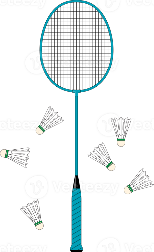 illustration of a badminton racket surrounded by shuttlecocks on a transparent background. Ideal for sports themed designs, training materials, or promotional content. Clean, minimal. png
