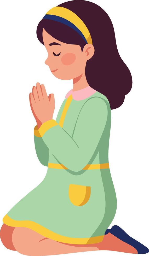 Girl in green dress kneeling and praying with closed eyes illustration for peaceful meditation and faith expression vector