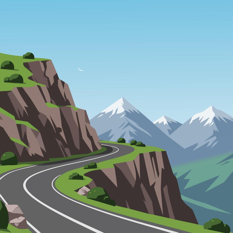 Mountain road winding along steep cliffs with snow capped peaks under clear sky illustration vector