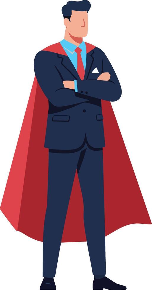 Businessman wearing red superhero cape standing confidently with crossed arms in formal suit and tie illustration vector