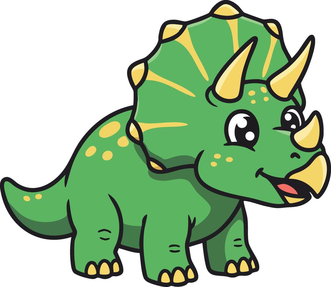 Cute cartoon triceratops dinosaur illustration with bright green colours and playful expression for children design and education vector