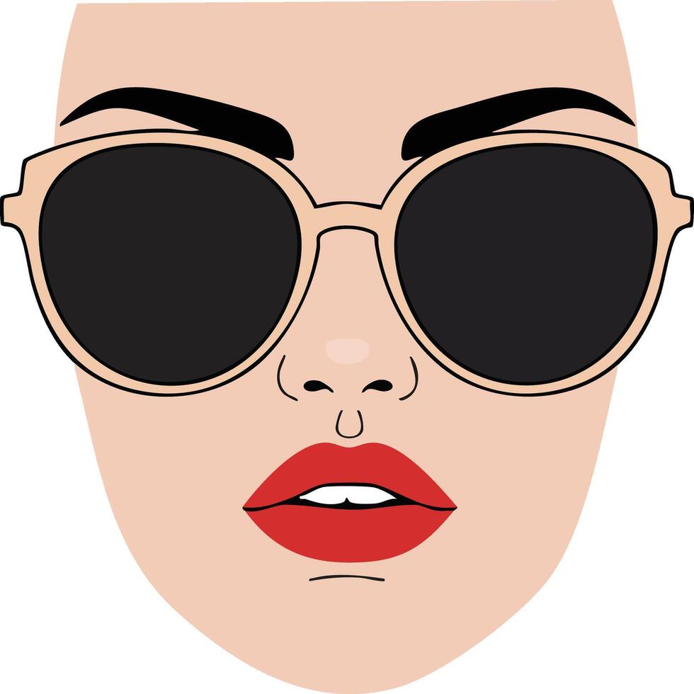 Woman face with black sunglasses and red lips illustration in minimal style for fashion and beauty design vector