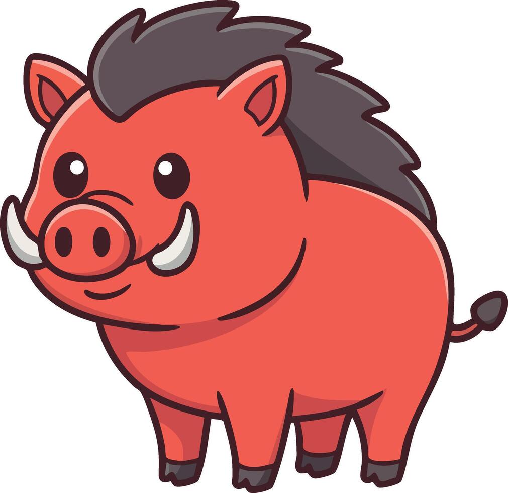 Cute red wild boar cartoon character with black mane and tusks in playful pose illustration vector