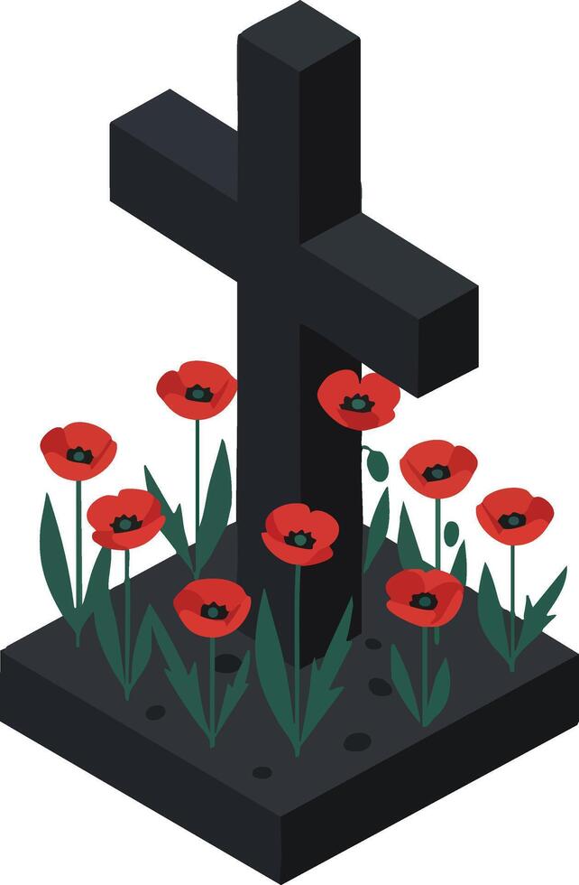 Black cemetery cross with red poppies growing around grave design for memorial remembrance and tribute vector