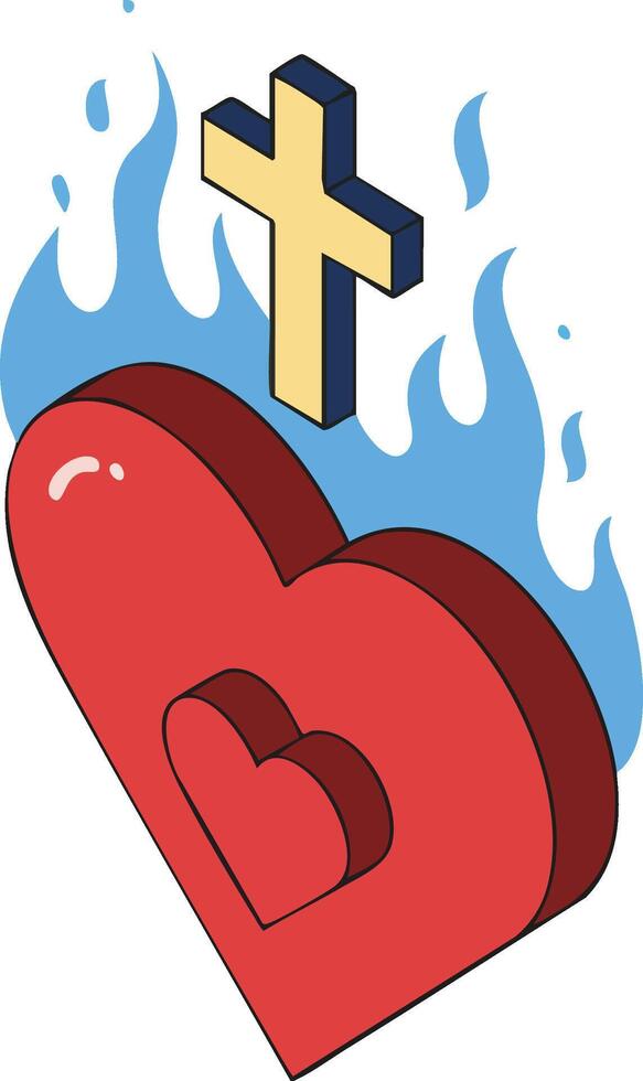 Sacred heart symbol with flames and cross religious Christian faith concept illustration vector