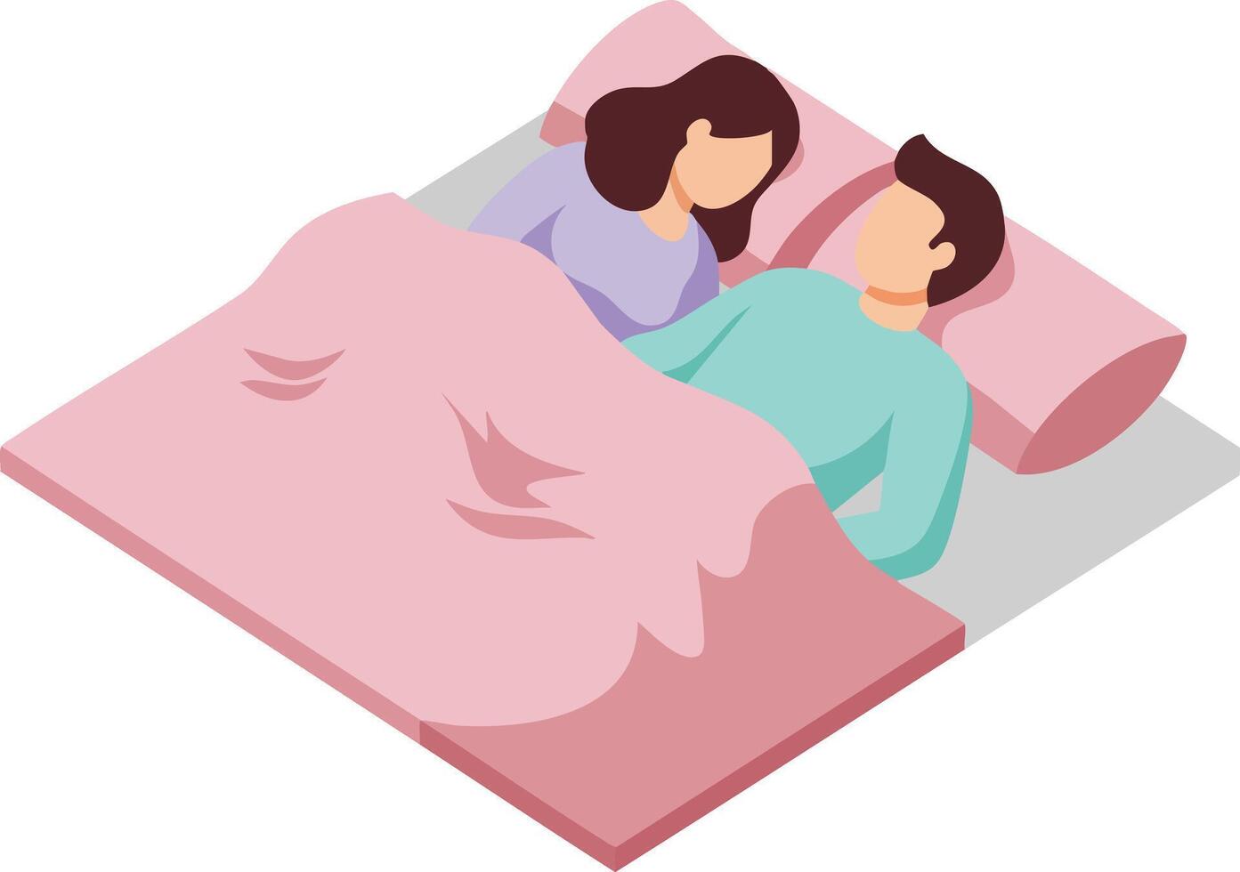 Couple lying together in bed under pink blanket showing intimacy and relaxation in bedroom scene illustration vector