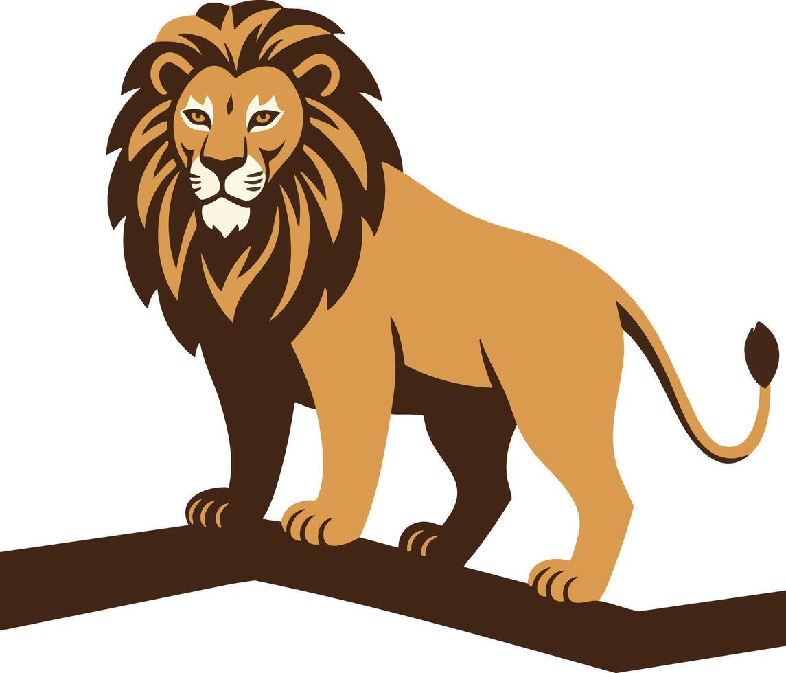 Lion standing on branch wild animal illustration with brown mane and golden fur design vector