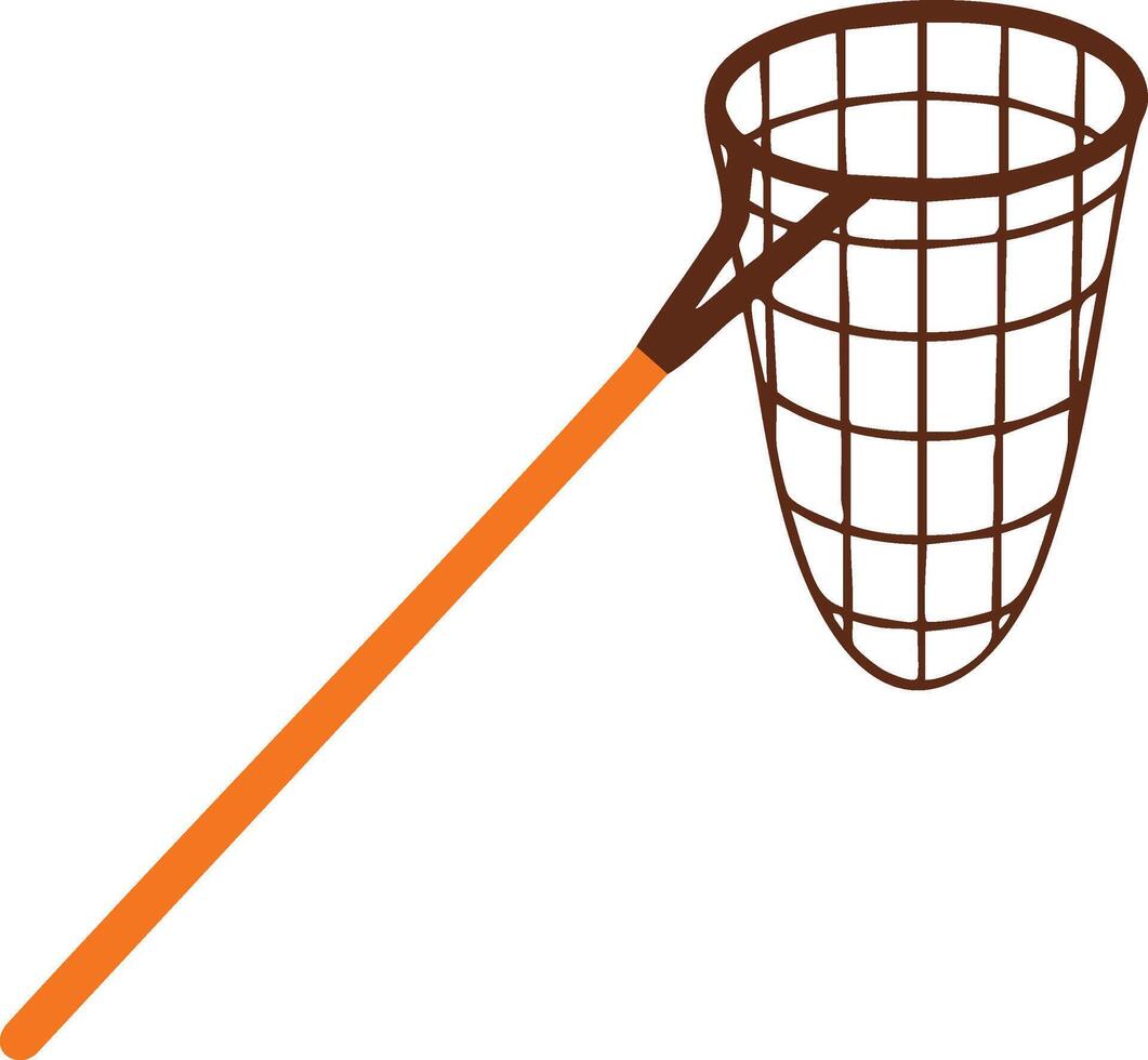 Fishing net illustration with orange handle and brown mesh basket isolated on white background vector