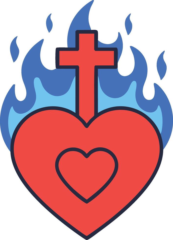 Sacred heart symbol with cross and blue flames representing religious spirituality and devotion icon vector