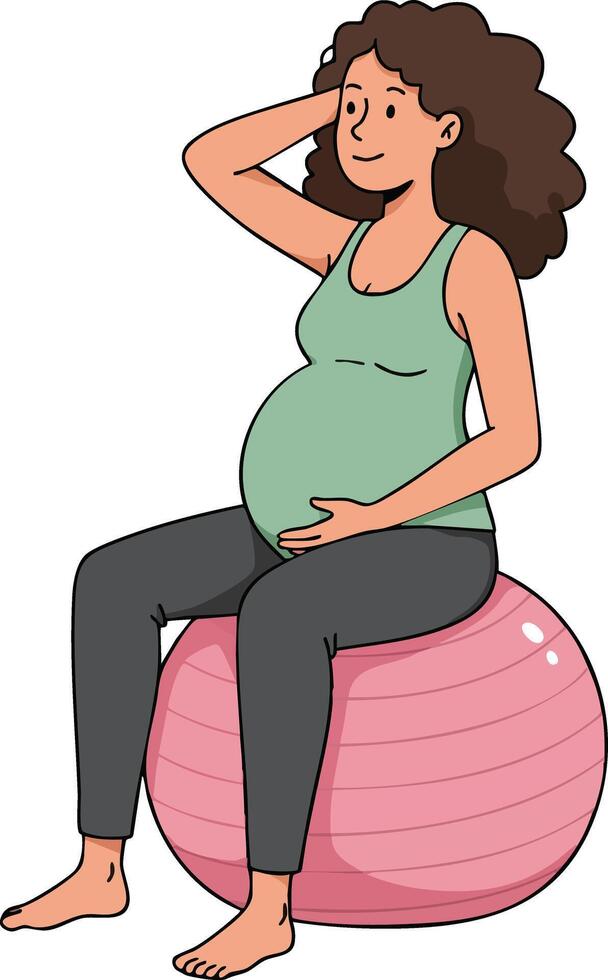 Pregnant woman sitting on pink exercise ball relaxing with hand on head and touching belly natural maternity vector