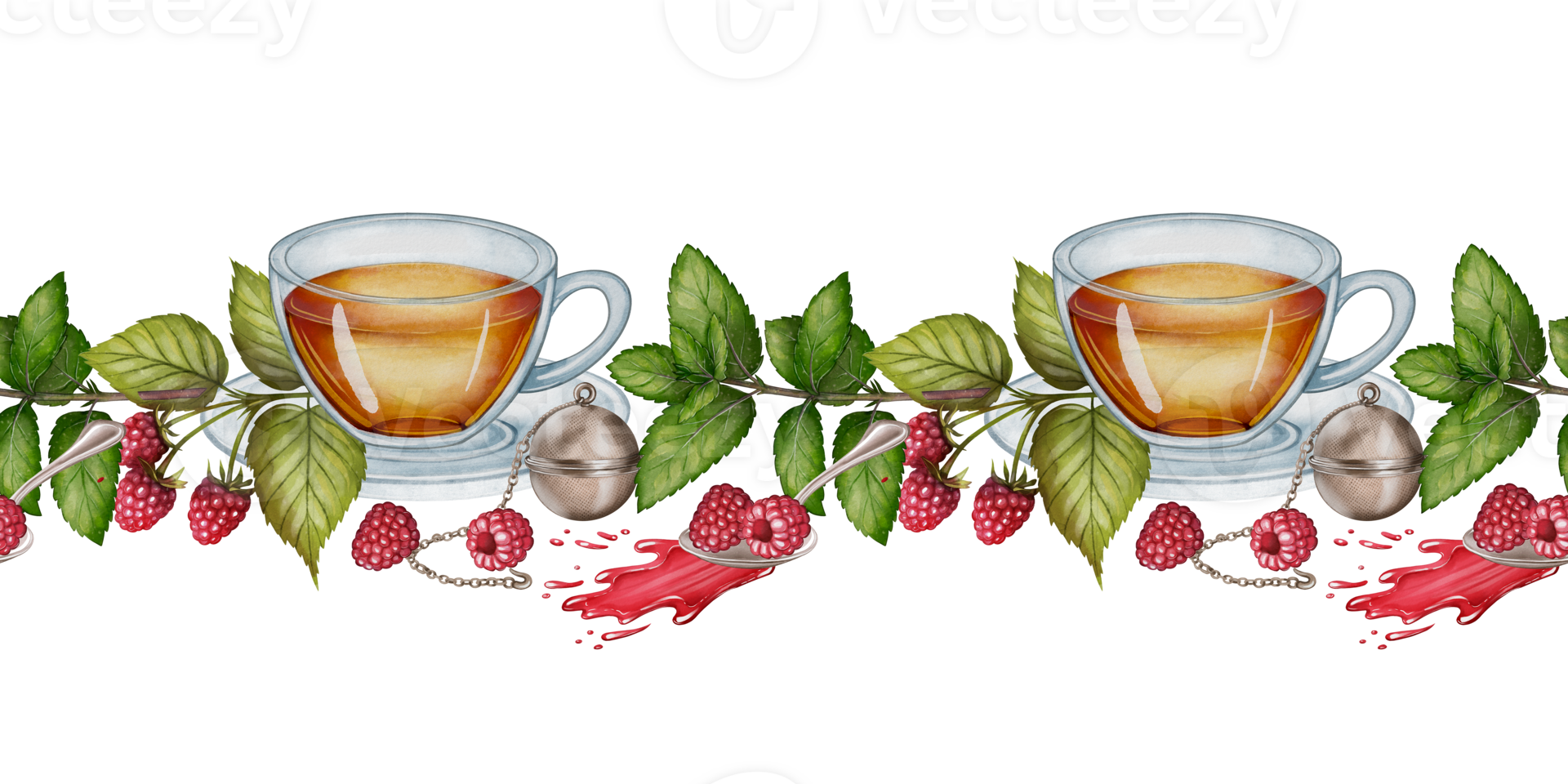 Tea border with raspberries and leaves, a digital watercolor drawing of herbal tea cups, berries, and greenery on a white background. Great for packaging, labels, or decoration. png