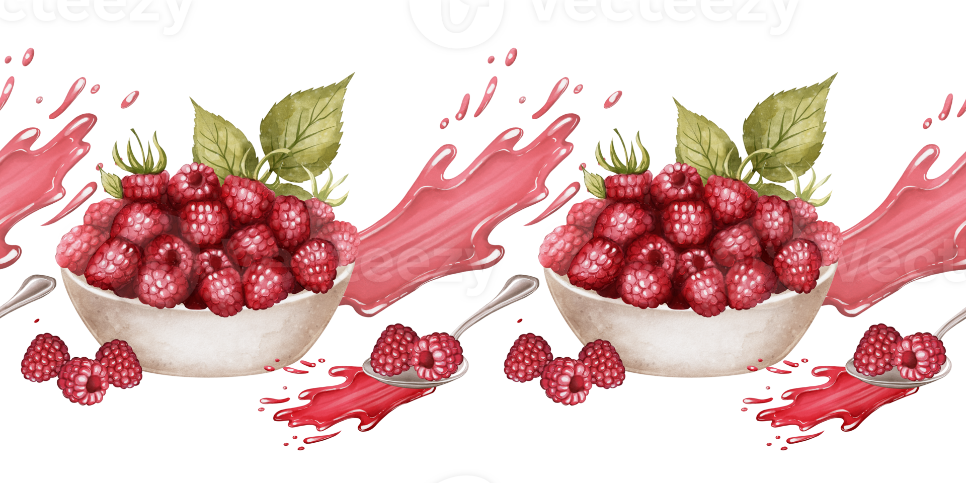 Raspberry border with bowl and splashes, a digital watercolor drawing of ripe berries, leaves, and juice stains on a white background. Perfect for packaging, stickers, or invitations. png