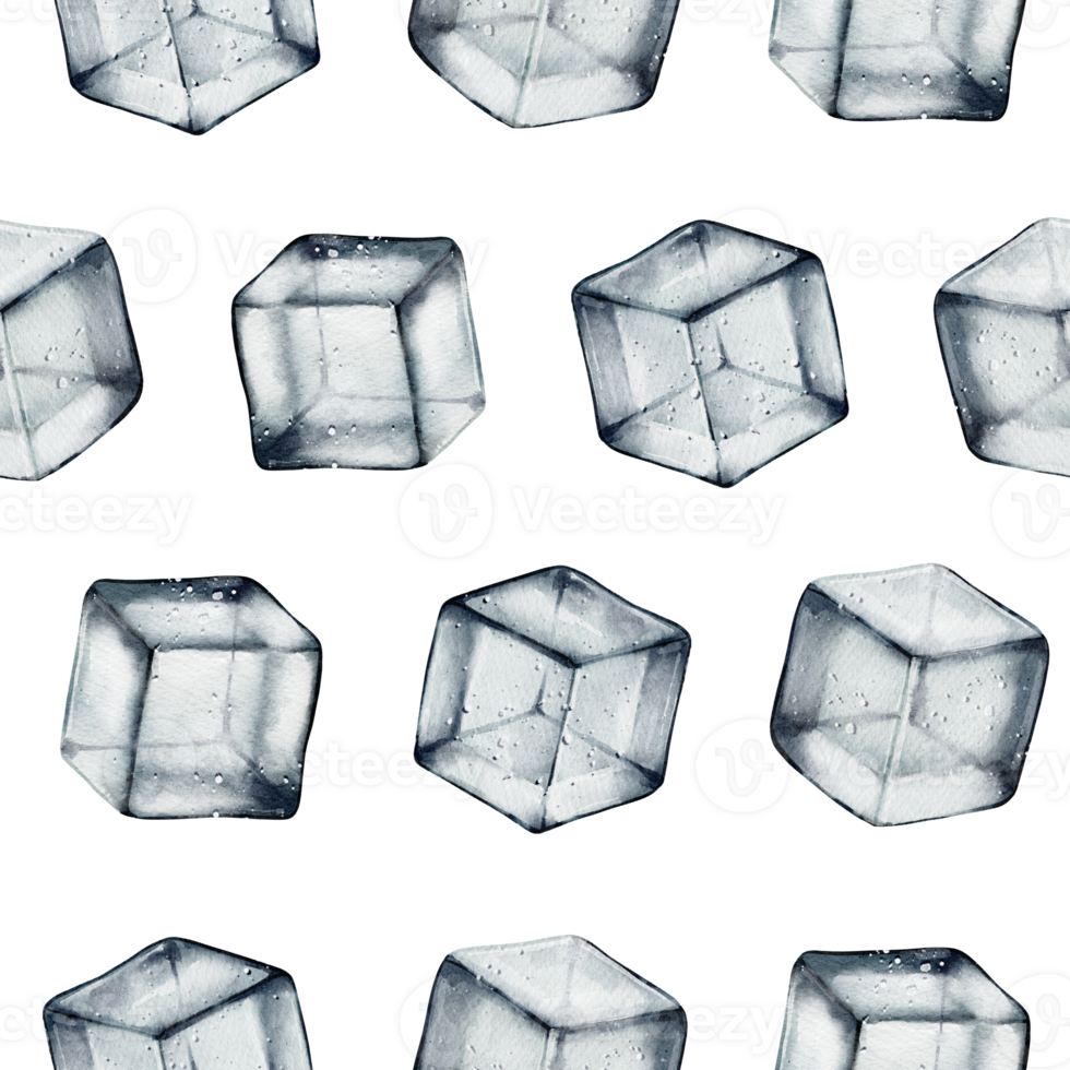 Minimalistic seamless watercolor pattern featuring realistic ice cubes. Ideal for beverage branding, packaging, textile design, wallpapers, and stylish backgrounds. png