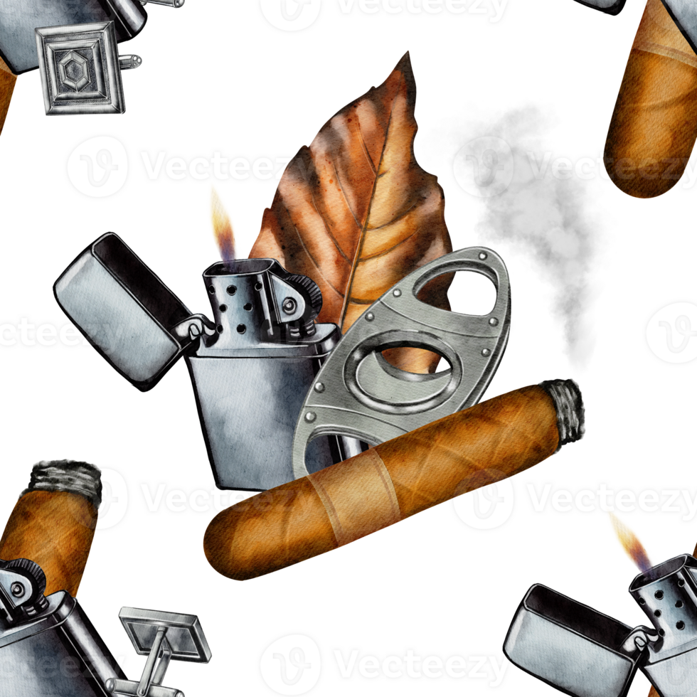 Elegant seamless watercolor pattern featuring cigars, a burning lighter, a tobacco leaf, and a cigar cutter. Perfect for packaging, branding, textiles, wallpaper, and luxury designs. png