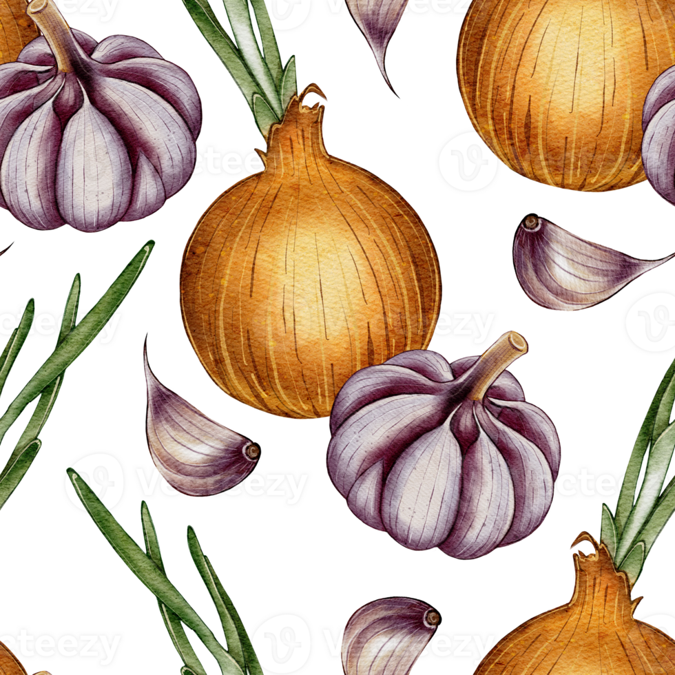 Watercolor seamless pattern with onions, garlic and herbs on a white background. Ideal for packaging, textiles, cuisine, gastronomy and restaurant design. png