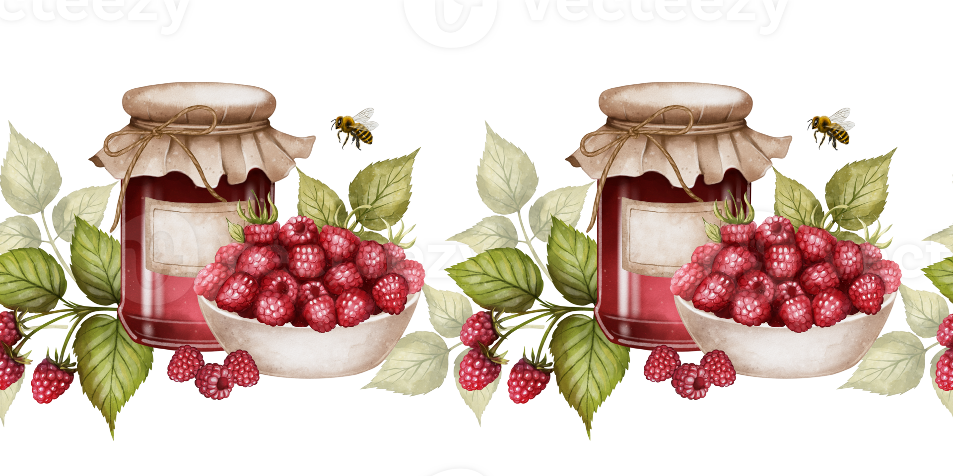 Watercolor seamless border featuring glass jar raspberry jam, bowl of ripe red berries, green leaves and bee on white background. Perfect for packaging, culinary books and eco-product branding png