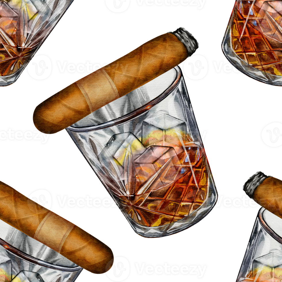 atercolor seamless pattern featuring a whiskey glass with ice and a cigar on a white background. Perfect for packaging, textiles, and men's accessories. png