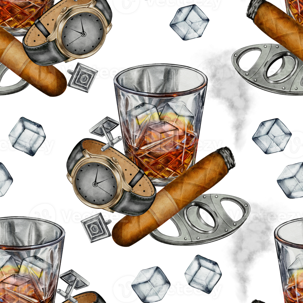 Realistic watercolor seamless pattern featuring a whiskey glass, cigar, wristwatch, ice cubes, tie clip, and cigar cutter. Perfect for textiles, packaging, and background design. png