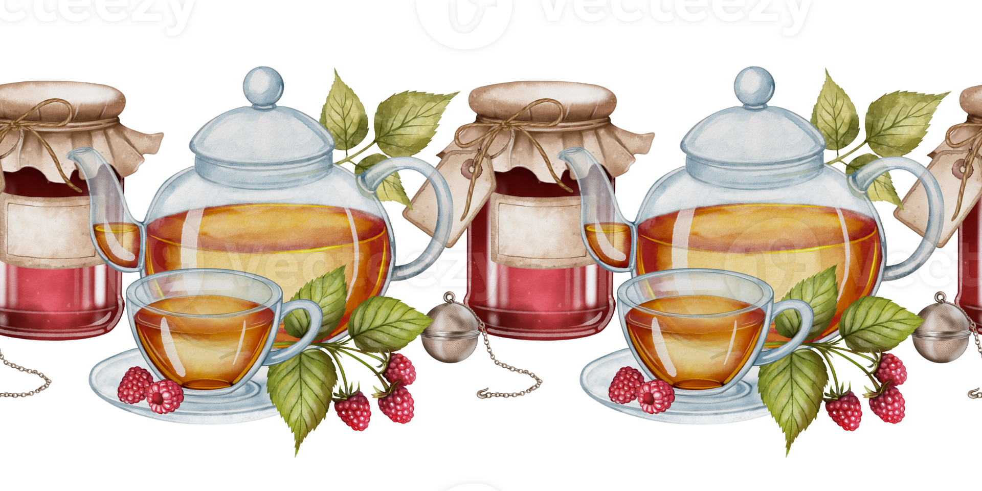 Watercolor seamless border with teapot, teacup, raspberry jam jar, red berries, tea infuser and green leaves on white background. Ideal for packaging, menu design and tea shop branding. png